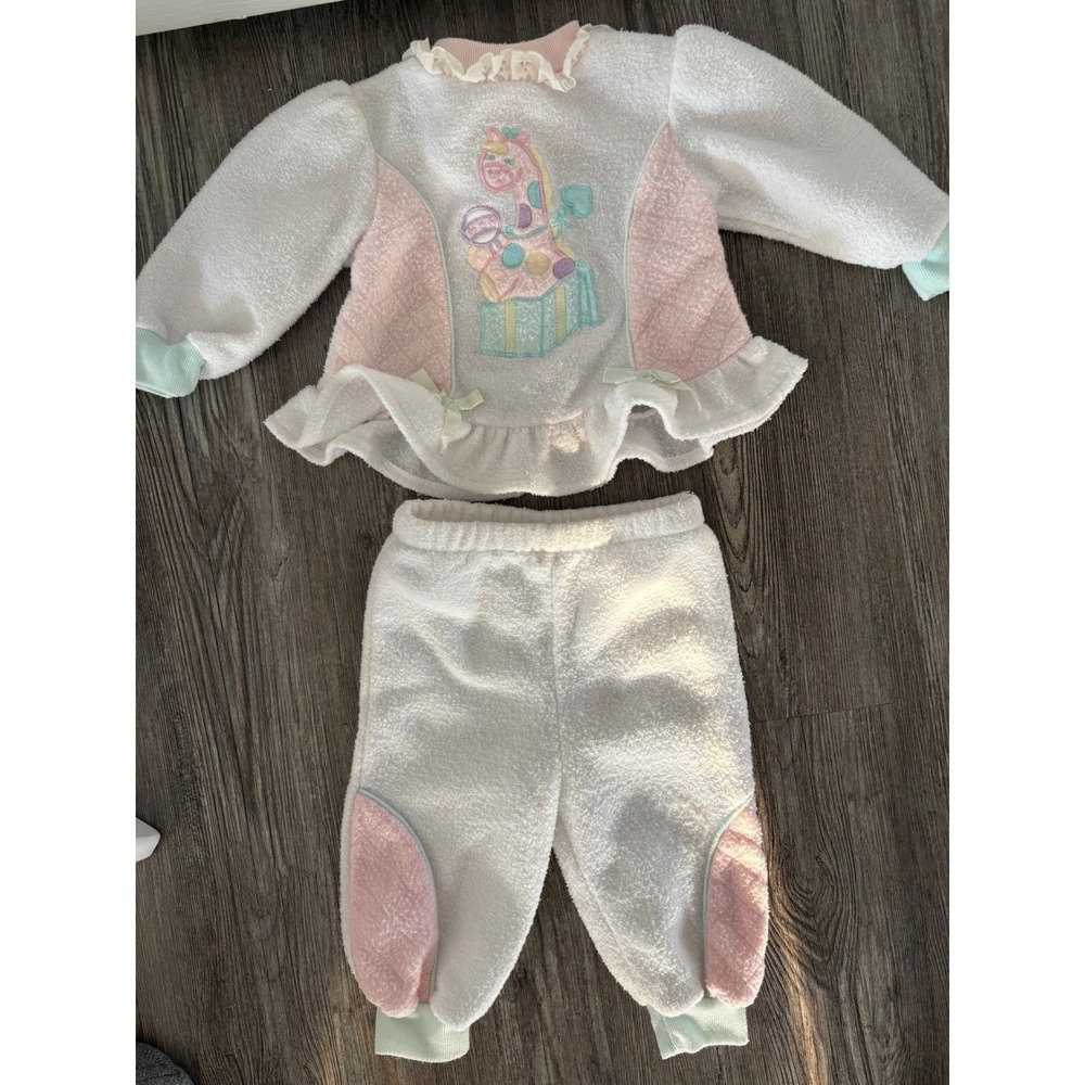 Vintage Childwise Baby Girls Fleece Set Pastel‎ Giraffe Ruffle Top Pants 6-9M